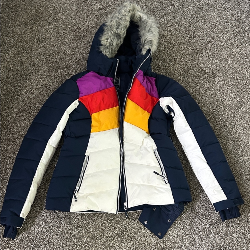 Navy Faux Fur Hooded Winter Coat - Navy with White Piping